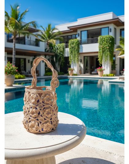 Hand-Crocheted Raffia Flower Tote Bag